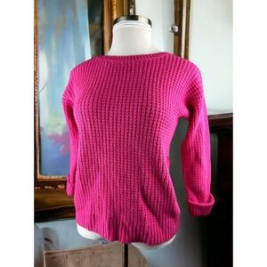 Garnet Hill Waffle Knit Crewneck Cashmere Wool Sweater Pink Pockets Small H12629